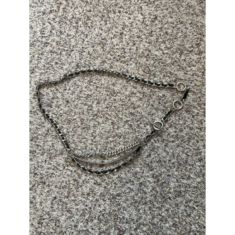 MICHAEL KORS New MK Logo Chain Leather Belt Black Silver 3 Layers On Front 42